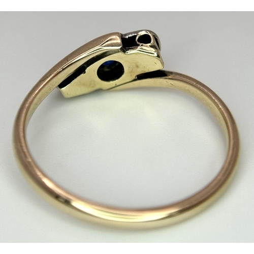 593 - A 18K YELLOW GOLD & PALLADIUM VINTAGE DIAMOND & SAPPHIRE TWIST RING 1.6G, SIZE L 1/2.

ref: SC 9001