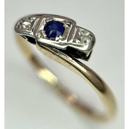 593 - A 18K YELLOW GOLD & PALLADIUM VINTAGE DIAMOND & SAPPHIRE TWIST RING 1.6G, SIZE L 1/2.

ref: SC 9001