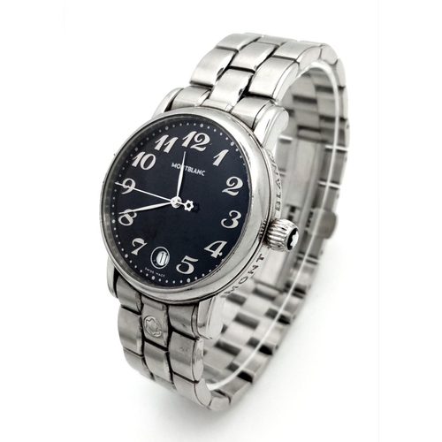 155 - A Montblanc Meisterstuck Quartz Gents Watch. Stainless steel bracelet and case - 36mm. Black dial wi... 