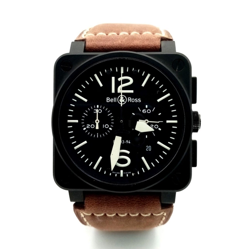 3 - A Bell and Ross BR 03-94 Automatic Chronograph Gents Watch. Brown leather strap. Black ceramic case ... 