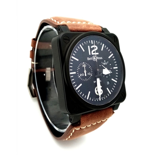 3 - A Bell and Ross BR 03-94 Automatic Chronograph Gents Watch. Brown leather strap. Black ceramic case ... 