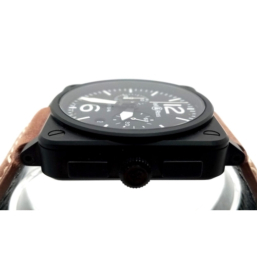 3 - A Bell and Ross BR 03-94 Automatic Chronograph Gents Watch. Brown leather strap. Black ceramic case ... 