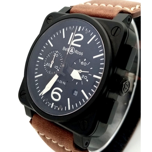 3 - A Bell and Ross BR 03-94 Automatic Chronograph Gents Watch. Brown leather strap. Black ceramic case ... 