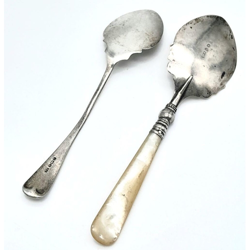 1353 - Two Antique Silver Spoons. Mother of Pearl Handle - hallmarks for Birmingham 1906, 13.6cm length. Si... 