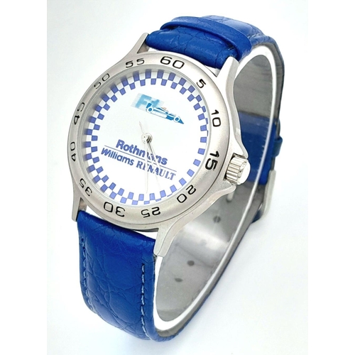 1372 - A Rothmans Williams Renault F1 Quartz Watch. Blue leather strap. Case - 36mm. In working order.