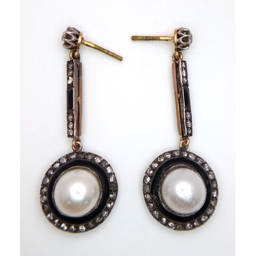 141 - A Pair of Exquisite Art Deco 18K Gold South Sea Pearl, Diamond and Black Onyx Drop Earrings. 1ctw ap... 