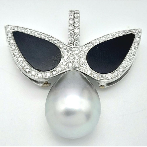 148 - An Italian Hand-Made 18K White Gold, Diamond and Tahitian Pearl Pendant in a Dove Bird Form. Black o... 