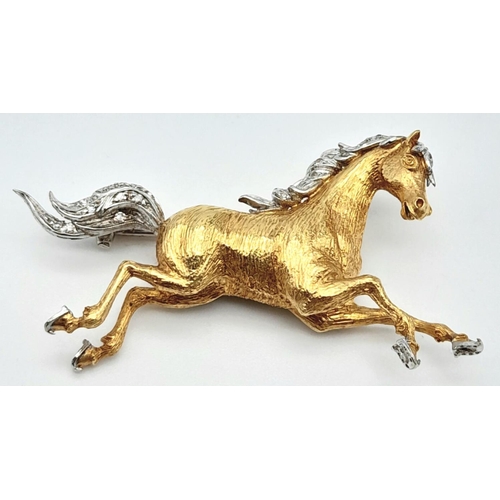 176 - An 18K Yellow and White Gold with Diamonds Thoroughbred Horse Brooch. Galloping form with diamonds o... 