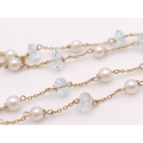 190 - A 9K Yellow Gold Aquamarine and Pearl Necklace. 42cm. 4.5g total weight.