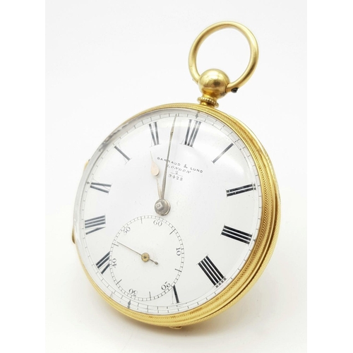 2 - A BARRAUD AND LUNDS 18K GOLD OPEN FACE POCKET WATCH WITH REAR KEY WIND IN VERY NICE CONDITION. COMIN... 