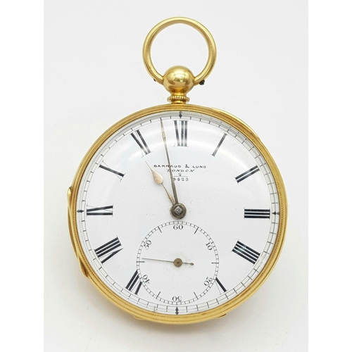 2 - A BARRAUD AND LUNDS 18K GOLD OPEN FACE POCKET WATCH WITH REAR KEY WIND IN VERY NICE CONDITION. COMIN... 