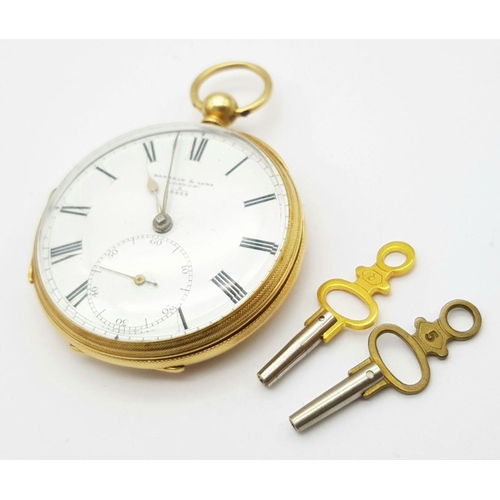 2 - A BARRAUD AND LUNDS 18K GOLD OPEN FACE POCKET WATCH WITH REAR KEY WIND IN VERY NICE CONDITION. COMIN... 