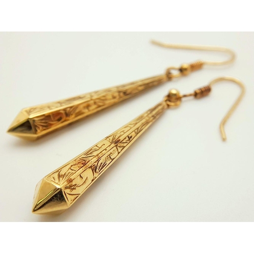 212 - A Pair of 9K Yellow Gold Decorative Conical Drop Earrings. 4cm drop. 2.25g total weight