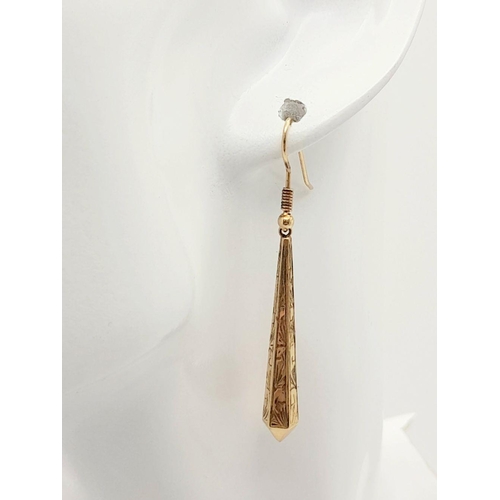 212 - A Pair of 9K Yellow Gold Decorative Conical Drop Earrings. 4cm drop. 2.25g total weight