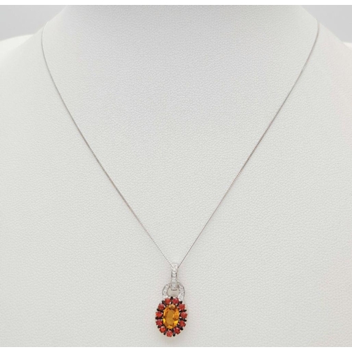 232 - An 18K White Gold, Citrine, Garnet and Diamond Pendant on a Disappearing 9K White Gold Necklace. 2cm... 