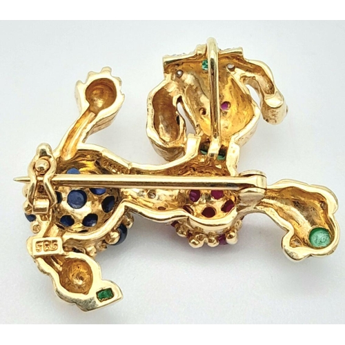 253 - A Cute 14K yellow Gold, Diamond, Emerald, Sapphire and Ruby French Poodle Brooch/Pendant. 1ctw appro... 