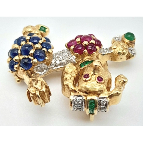 253 - A Cute 14K yellow Gold, Diamond, Emerald, Sapphire and Ruby French Poodle Brooch/Pendant. 1ctw appro... 