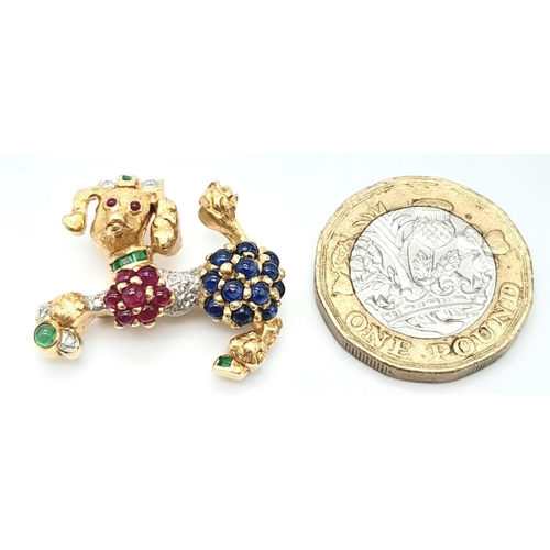 253 - A Cute 14K yellow Gold, Diamond, Emerald, Sapphire and Ruby French Poodle Brooch/Pendant. 1ctw appro... 