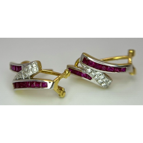 288 - A Pair of 18K Yellow Gold, Ruby and Diamond Earrings. Square cut rubies and round cut diamonds. 4.68... 