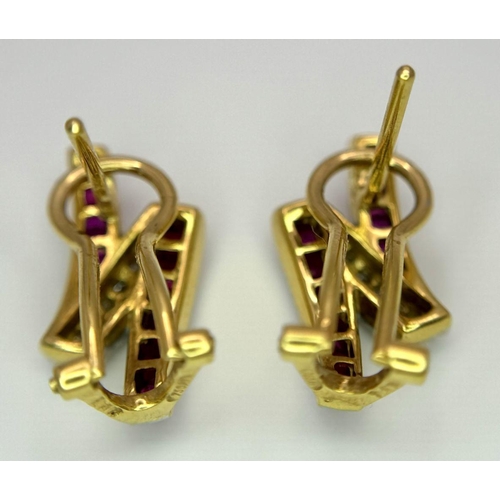 288 - A Pair of 18K Yellow Gold, Ruby and Diamond Earrings. Square cut rubies and round cut diamonds. 4.68... 