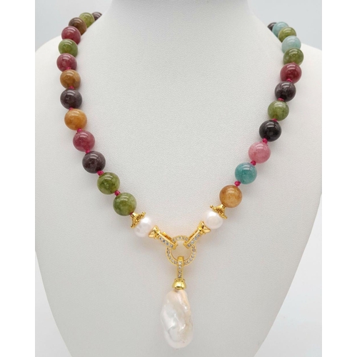 290 - A Gorgeous Multi-Coloured Tourmaline Beaded Necklace with a White Keshi Baroque Pearl Hanging Pendan... 