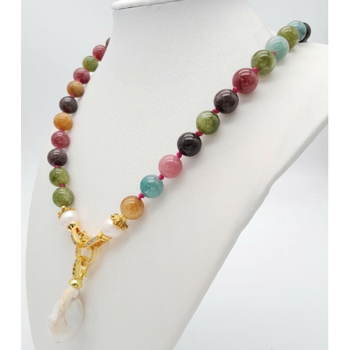 290 - A Gorgeous Multi-Coloured Tourmaline Beaded Necklace with a White Keshi Baroque Pearl Hanging Pendan... 