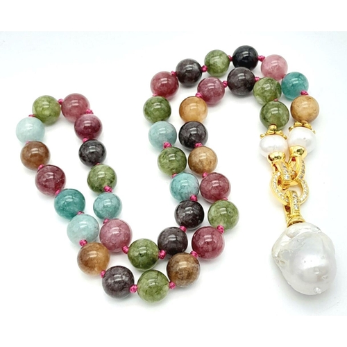 290 - A Gorgeous Multi-Coloured Tourmaline Beaded Necklace with a White Keshi Baroque Pearl Hanging Pendan... 