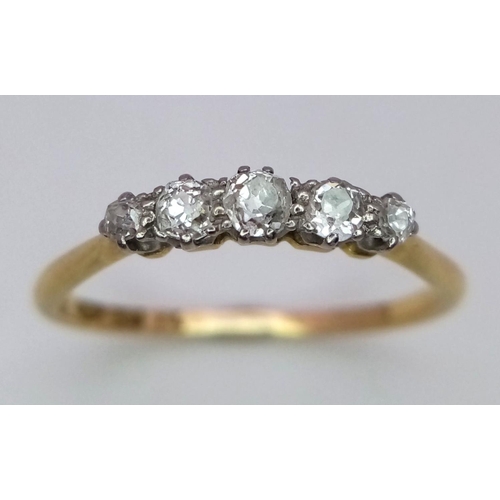 365 - An 18K Yellow Gold Five Stone Diamond Ring. Graduated brilliant round cut diamonds - 0.4ctw. Size P.... 