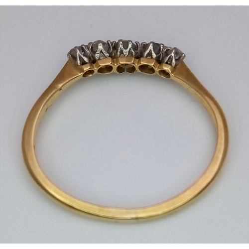 365 - An 18K Yellow Gold Five Stone Diamond Ring. Graduated brilliant round cut diamonds - 0.4ctw. Size P.... 