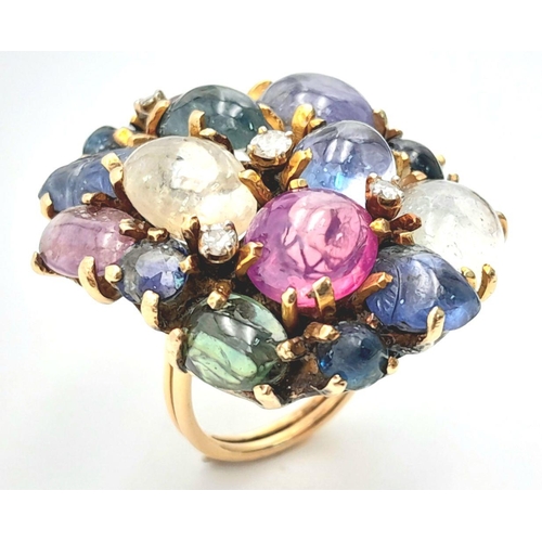 505 - An 18K Yellow Gold Rivo Multi Coloured Sapphire and Diamond Ring. Cabochons of wonder with diamond i... 