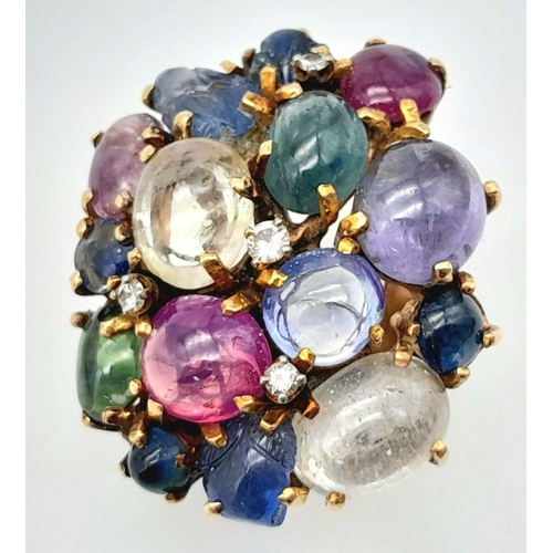 505 - An 18K Yellow Gold Rivo Multi Coloured Sapphire and Diamond Ring. Cabochons of wonder with diamond i... 