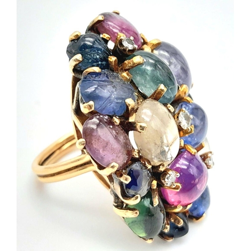 505 - An 18K Yellow Gold Rivo Multi Coloured Sapphire and Diamond Ring. Cabochons of wonder with diamond i... 