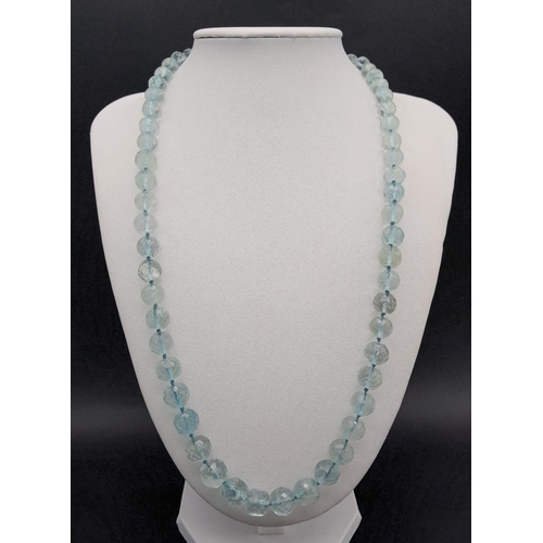 519 - A Wondrous Faceted Aquamarine Gemstone Necklace. Graduating beads of ice blue beauty. 297ctw. 50cm l... 