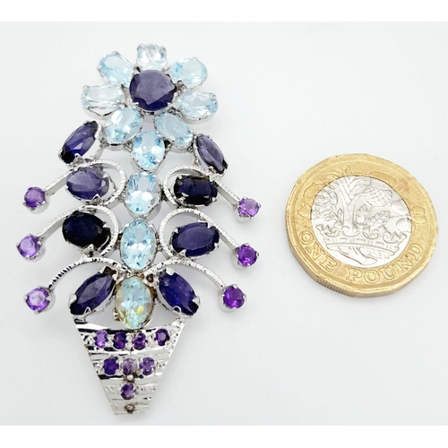 540 - A Blue Sapphire, Aquamarine and Amethyst Decorative  Floral Silver Pendant. Set in 925 Sterling silv... 