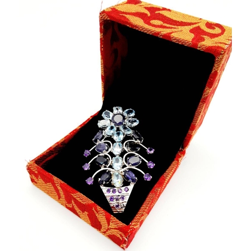 540 - A Blue Sapphire, Aquamarine and Amethyst Decorative  Floral Silver Pendant. Set in 925 Sterling silv... 