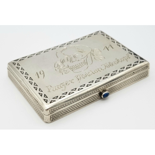 517 - WW2 Austrian Hallmarked Silver Cigarette Case. Hand Engraved (1944 Panzer Division Totemkopf)