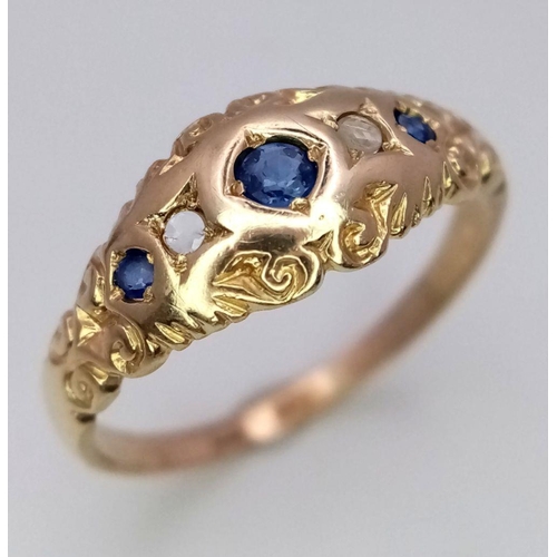 1137 - A 14K YELLOW GOLD ( TESTED ) VINTAGE DIAMOND & SAPPHIRE RING. 2.4G. SIZE Q.