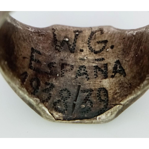 447 - Spanish Civil War Silver Ring. Engraved inside “W G ESPANA 1938/1939 UK Size”S” US Size 9.5