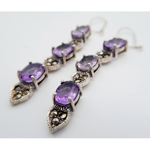 1363 - A Vintage Pair of Amethyst and Marcasite, Secure Fit, Heart Design Earrings. 5.5cm Drop.