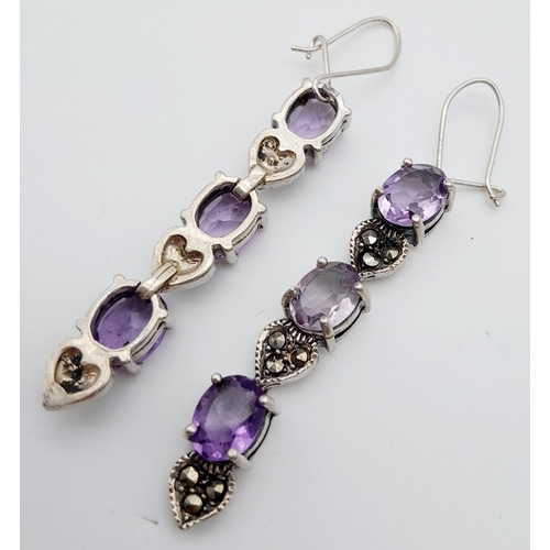 1363 - A Vintage Pair of Amethyst and Marcasite, Secure Fit, Heart Design Earrings. 5.5cm Drop.