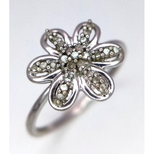 1371 - A Limited Edition Sterling Silver and Champagne Diamond Flower Design Ring. Size R. Set with 0.15 Ca... 