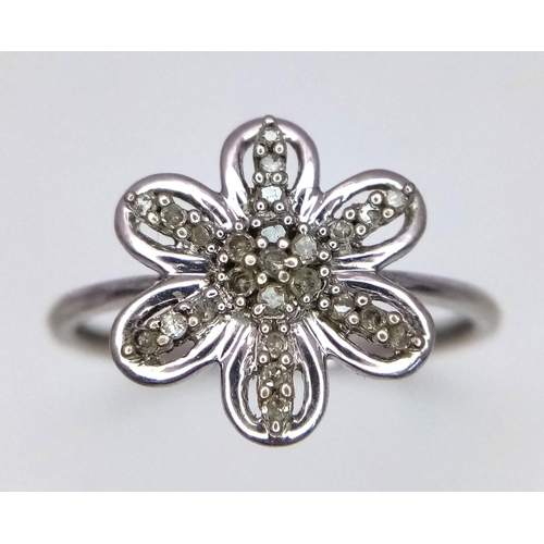 1371 - A Limited Edition Sterling Silver and Champagne Diamond Flower Design Ring. Size R. Set with 0.15 Ca... 