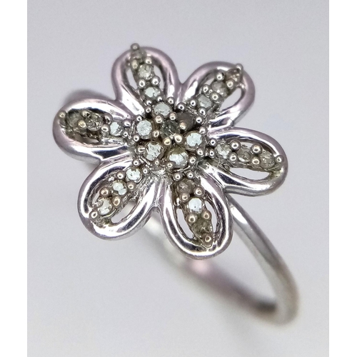 1371 - A Limited Edition Sterling Silver and Champagne Diamond Flower Design Ring. Size R. Set with 0.15 Ca... 