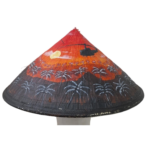 506 - Vietnamese Bamboo Conical Hat with a post War Hand Painted Helicopter Scene.