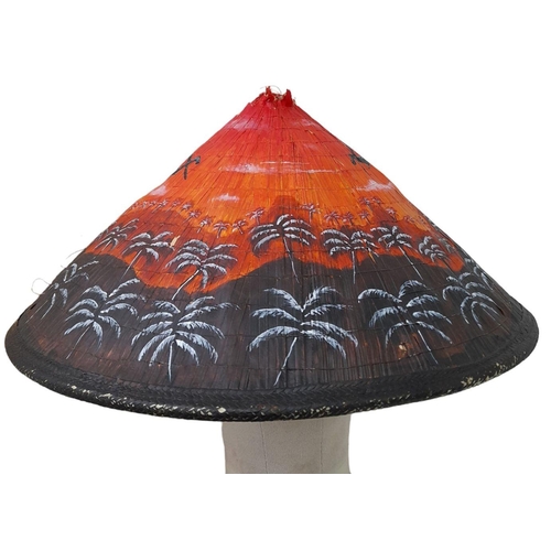 506 - Vietnamese Bamboo Conical Hat with a post War Hand Painted Helicopter Scene.