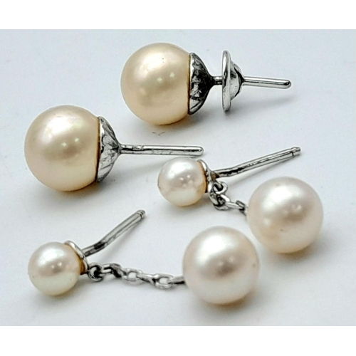 1352 - Two Pairs of Cultured Pearl Earrings. Studs - 9mm diameter, danglers - 29mm drop.