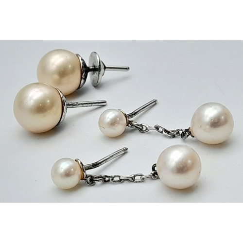 1352 - Two Pairs of Cultured Pearl Earrings. Studs - 9mm diameter, danglers - 29mm drop.