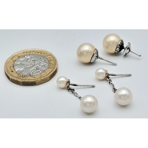 1352 - Two Pairs of Cultured Pearl Earrings. Studs - 9mm diameter, danglers - 29mm drop.