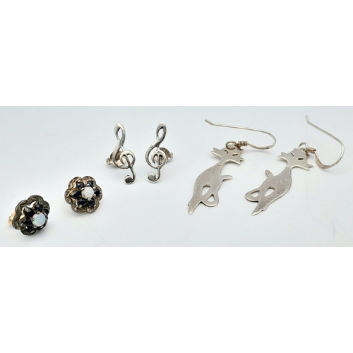 1359 - Three Pairs of Silver Earrings - cat, treble clef and opal.