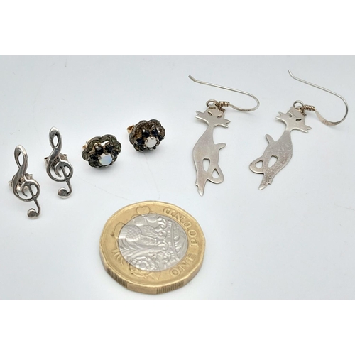 1359 - Three Pairs of Silver Earrings - cat, treble clef and opal.